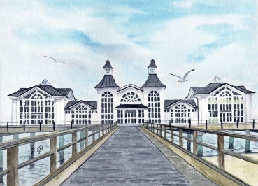 Postkarte DIN-A6 Aquarell Maritim Kunst Druck Kunstdruck Ostsee Rügen Seebrücke Sellin Brücke Steg